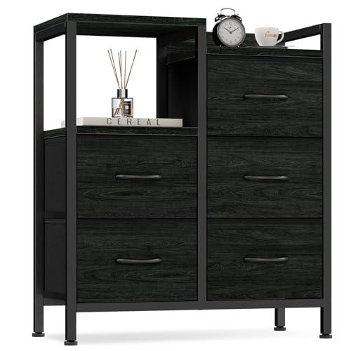 Furnulem 5 Drawer Black Dressers for Bedroom 2 Tier Shelf Storage Small Fabric Dresser for Closet Sturdy Metal Frame Modern Style Storage Cabinets Organization Units for Hallway Rooms, Black Oak