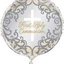 Unique Fancy Gold Cross First Holy Communion Foil Balloon - 18 inch (1 Pc.) - Elegant Gold and Grey Design, Perfect for Communion Celebrations