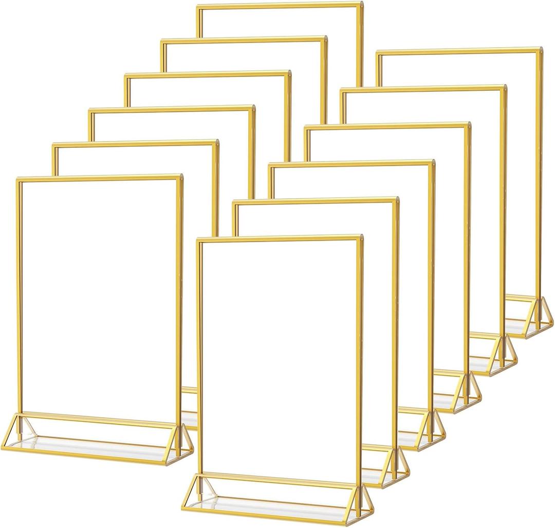 MaxGear 4x6 Gold Acrylic Sign Holder 12 Pack, Wedding Gold Table Number Holders, Double Sided Picture Frame Paper Stand Photo Display, Clear Menu Flyer Stand for Wedding, Home, Restaurant MaxGear 4x6 Gold Acrylic Sign Holder 12 Pack, Wedding Gold Table Number Holders, Double Sided Picture Frame Paper Stand Photo Display, Clear Menu Flyer Stand for Wedding, Home, Restaurant