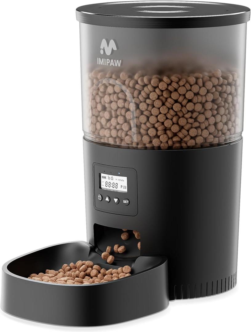 IMIPAW Automatic Cat Feeders, 3L Timed Cat Dry Food Dispenser, Dual Power Supply, Programmable Portion Size, 1-6 Meals Per Day, Auto Pet Feeder for Cats and Small Dogs, with Desiccant Bags (Black)