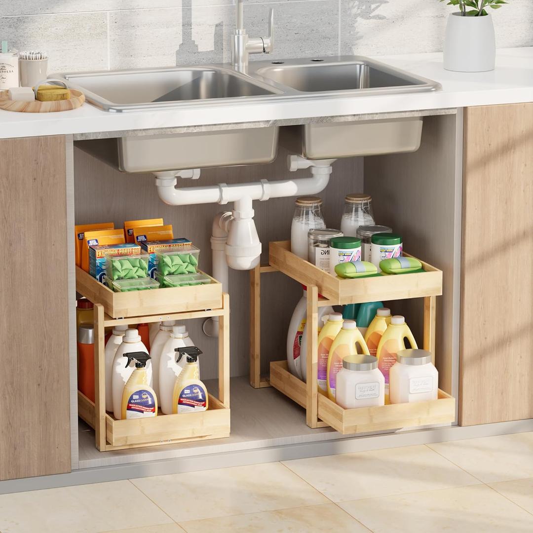APRTAT 2 Pack Under Sink Organizer, Bamboo Wooden 2Tier PullOut Storage with Sliding Drawers for Kitchen and Bathroom Cabinets, Easy Installation (Natural, 2 Packs)