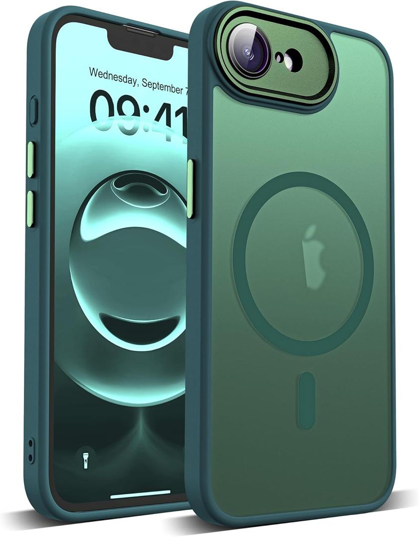 YEMORAN Compatible with iPhone 16E Case with Built-in Camera Lens Protector Translucent Magnetic iPhone 16E Phone Case 6.1" [Compatible with Mag-Safe][Great Grip Feeling], Green