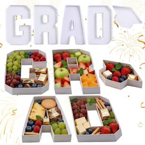 2026 Graduation Decorations - 4 Pcs Grad Cap Charcuterie Fillable Letters Charcuterie Board Box Serving Trays Graduation Centerpieces for Tables Grad Party Decorations Supplies (White, Cap and Grad)