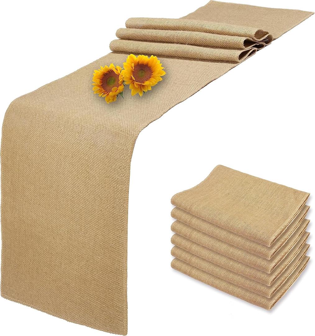 6 Pack Natural Burlap Table Runners,12 x 72 Inch Rustic Jute Table Runner and Placemats Bulk for Western Wedding Table Decorations,Farmhouse Style Party,Holiday,Kitchen Coffee Table Decor Cover