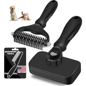 3PCS Self Cleaning Slicker Brush & Pet Grooming Rake & Flea Comb for Dogs,Cats and Horses | Double-Sided Dematting Comb & Skin Friendly Deshedding Grooming Tool | Premium Pet Supplies (Black)