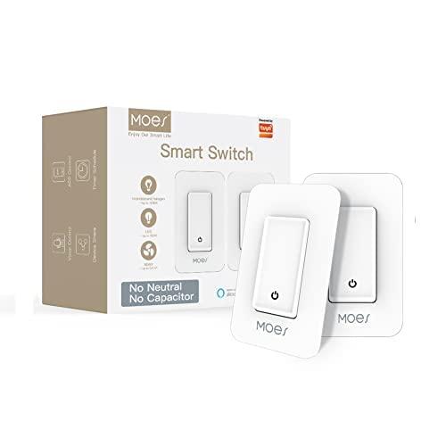 Smart Light Switch No Neutral Wire, No Capacitor, No hub Required Single Live Wire Push Button, Tuya Smart Life App Remote Control Compatible with Alexa and Google Home, White Minimum 7W, 2 Pack