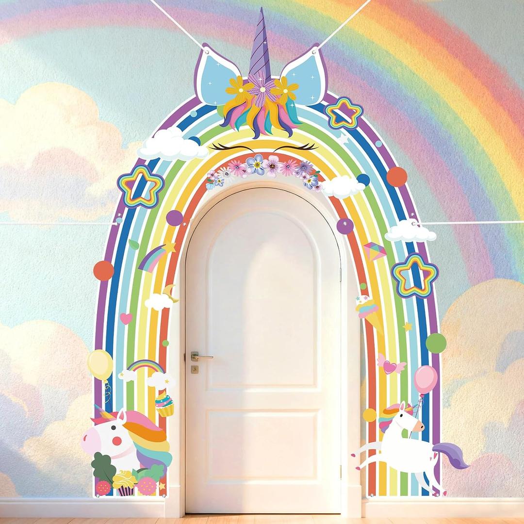 Unicorn Door Cover Decorations Macaron Rainbow Party Porch Banner Colorful Unicorn Photo Backdrop Large Pastel Rainbow Shaped Hanging Banner Sign for Classroom Baby Shower Birthday Party Supplies