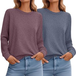 Ficerd 2 Pack Women's Casual Sweatshirts, Crew Neck Loose Fit Basic Tops Lightweight Cute Pullover Fashion Fall Outfits,Small