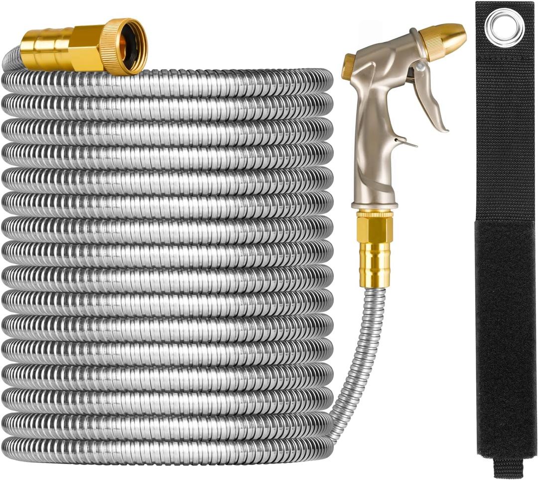 125ft Garden Hose Made by Metal with Super Tough and Soft Water Hose, Household Stainless Steel Hose, Durable Mighty Garden Hose with 4 Spraying Modes Adjustable Nozzle, No Kinks and Tangles