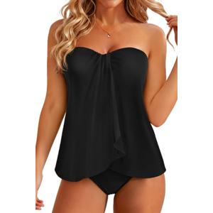 Tempt Me Two Piece Tankini Bathing Suits for Women Halter Bandeau Swim Top with Bottom Flyaway Tummy Control Swimsuit (Large, Black)