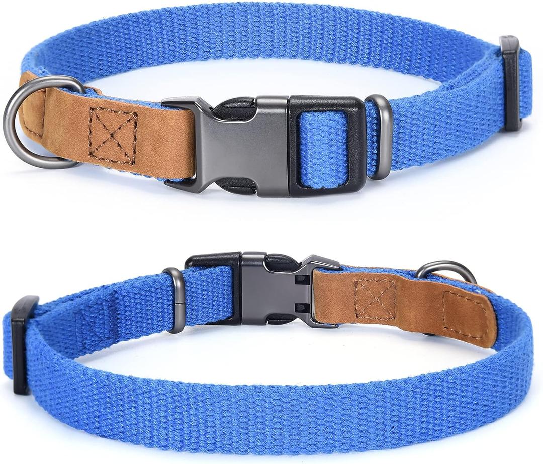 Mile High Life Dog Collars | Soft Cotton Dog Collars w Heavy Metal Buckle | Classic Puppy Collar w Premium Genuine Leather Tips | Pet Collars for Large Dogs (Blue) (Medium (Pack of 1))