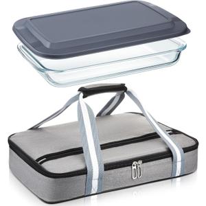 Glass Baking Dish with Lid Glass Casserole with Carrier 9 x 13 Inch Insulated Bag for Hot or Cold Food Deep Casserole Dish for Oven Potluck Party Picnic Cookouts (Grey)