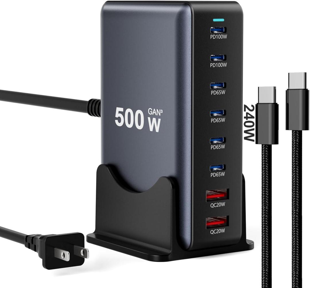 500W Fast Charging 8 Port USB C Charger Block with Nylon Fast Charging Cable, Multi-Device Charging Station Wall Desktop Charger with GaN  Technology, USB-C Charger Adapter for MacBook/iPad/iPhone 16