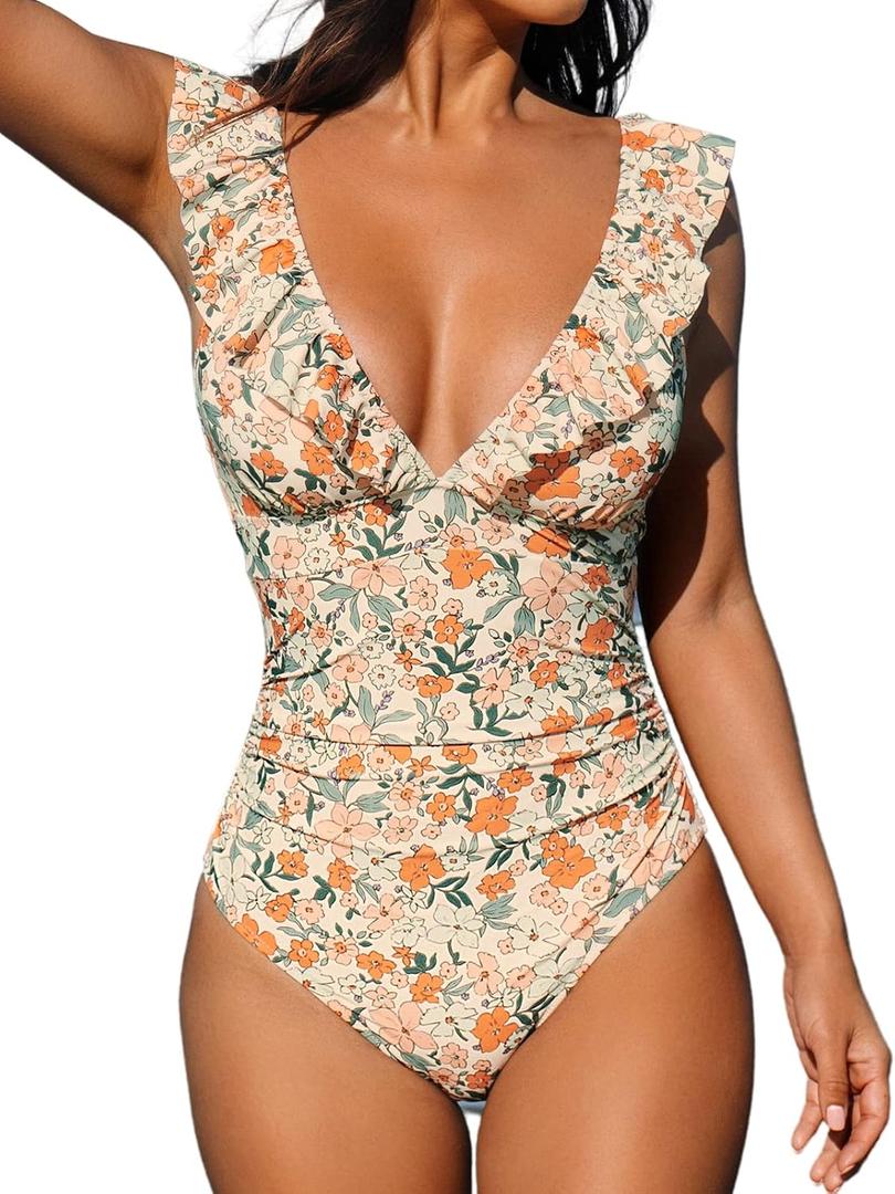 CUPSHE Women's Ruffled One Piece Swimsuit V Neck Lace Up (Orange, S)
