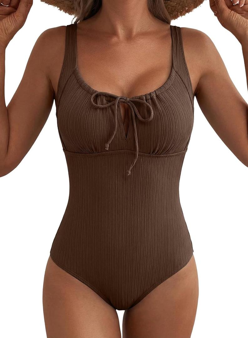 Aleumdr Womens Textured One Piece Swimsuit Tummy Control Bathing Suit Tie Knot Cutout Swimwear (Brown, M)