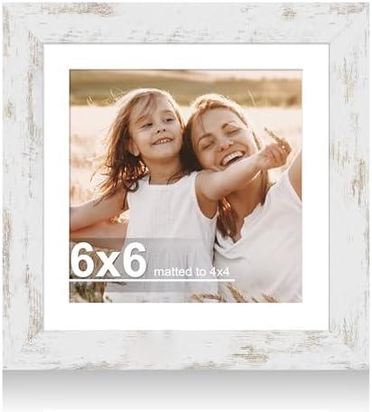 Hongkee 6x6 Picture Frame with Glass, Display Pictures 4x4 with Mat or 6 x 6 without Mat - Wall and Tabletop, 6 by 6 Photo Wooden Frames (Distressed White, 1 Pack)
