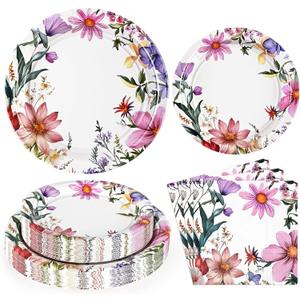 Homlouue 100 PCS Floral Paper Plates, Flower Plates, Floral Paper Plates and Napkins, Floral Disposable Plates for Party Picnic Dinner Wedding Tea Party Spring Summer Baby Shower, Wildflower Plates