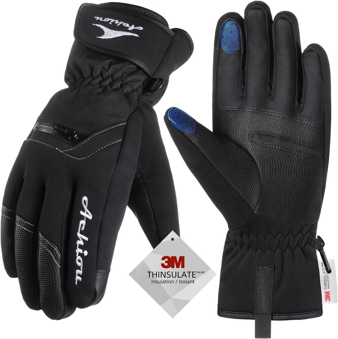 Achiou Ski Snow Gloves Winter Warm 3M Thinsulate Waterproof Touchscreen Men Women (Medium, New Black)