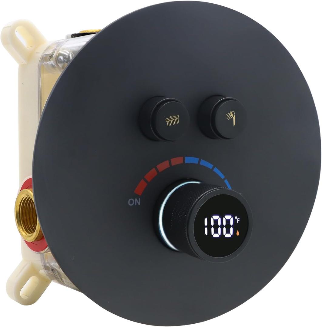 Round Digital Display Shower Valve 2 Way Shower Mixing Valve Concealed Installation Can Use All the Time Matte Black
