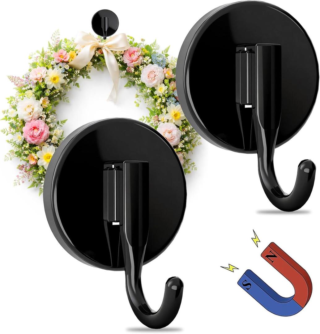 Magnetic Wreath Hangers for Front Door, 2-Pack Heavy Duty Magnetic Wreath Hooks for Metal Doors and Single-Pane Glass, No Drilling, No Adhesive, Indoor Outdoor Seasonal Decor, Reusable Holder, Black