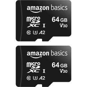 Amazon Basics MicroSDXC UHS-I Class 10 Memory Card with Full Size Adapter, A2, U3, V30, 4K, Read Speed up to 100 MB/s, 64 GB (2pack), for GoPro Cameras Storage, Black