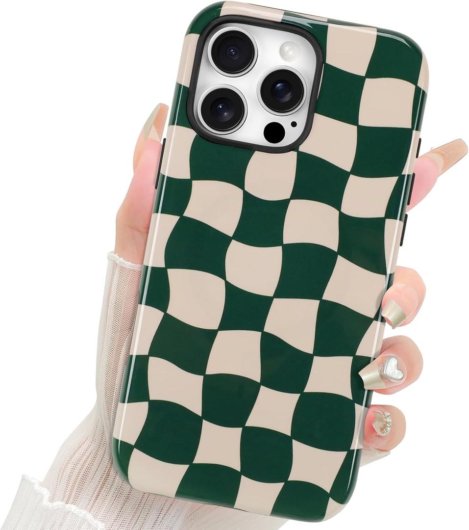 Fiyart Designed for iPhone 16 Pro Max Case Cute Trendy Aesthetic Checkerboard Pattern Compatible with MagSafe Checkered for Women Girls Hard Phone Shockproof Cover 6.9",Green Checkered