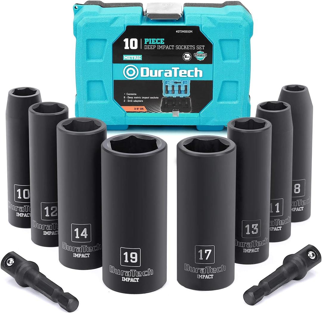 DURATECH 10 Piece 3/8 Inch Drive Impact Socket Set, Including 8PCS Deep Impact Sockets in Metric Sizes (8/10/11/12/13/14/17/19mm) & 2PCS 1/4 Inch Hexagon Extension Bars (3/8" Drive, Deep, 10pcs)