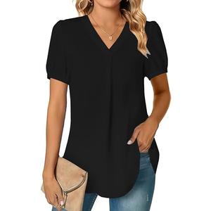 LYANER Women's Summer Dressy Chiffon Blouses V Neck Short Sleeve Tunic Tops for Leggings Casual T-Shirts Black Small
