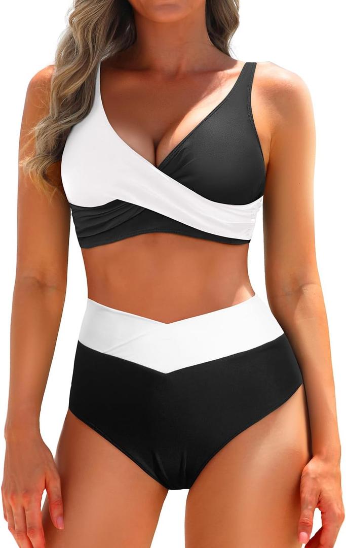 Aqua Eve Women High Waisted Bikini Twist Front Swimsuits Lace up Bikini Tops Ruched Push up 2 Piece Bathing Suits (Large, Black and White Splicing) Aqua Eve Women High Waisted Bikini Twist Front Swimsuits Lace up Bikini Tops Ruched Push up 2 Piece Bathing Suits (Large, Black and White Splicing)