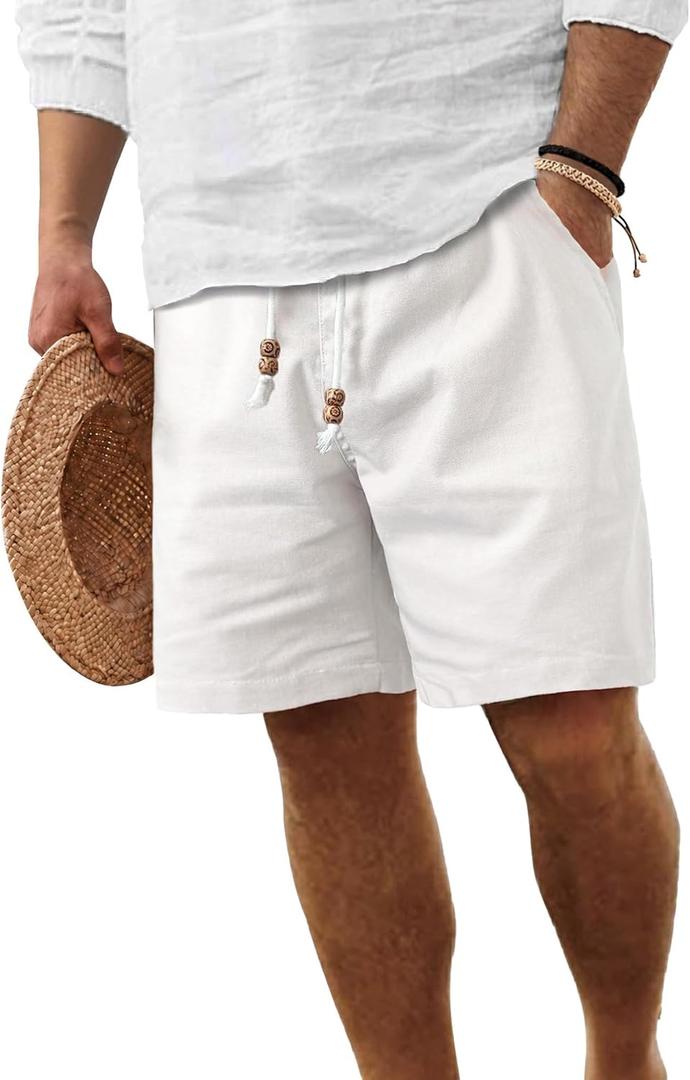 ZKMAN Mens Linen Shorts Casual Classic Drawstring Elastic Waist Pocket Summer Beach Shorts (White, XXL)