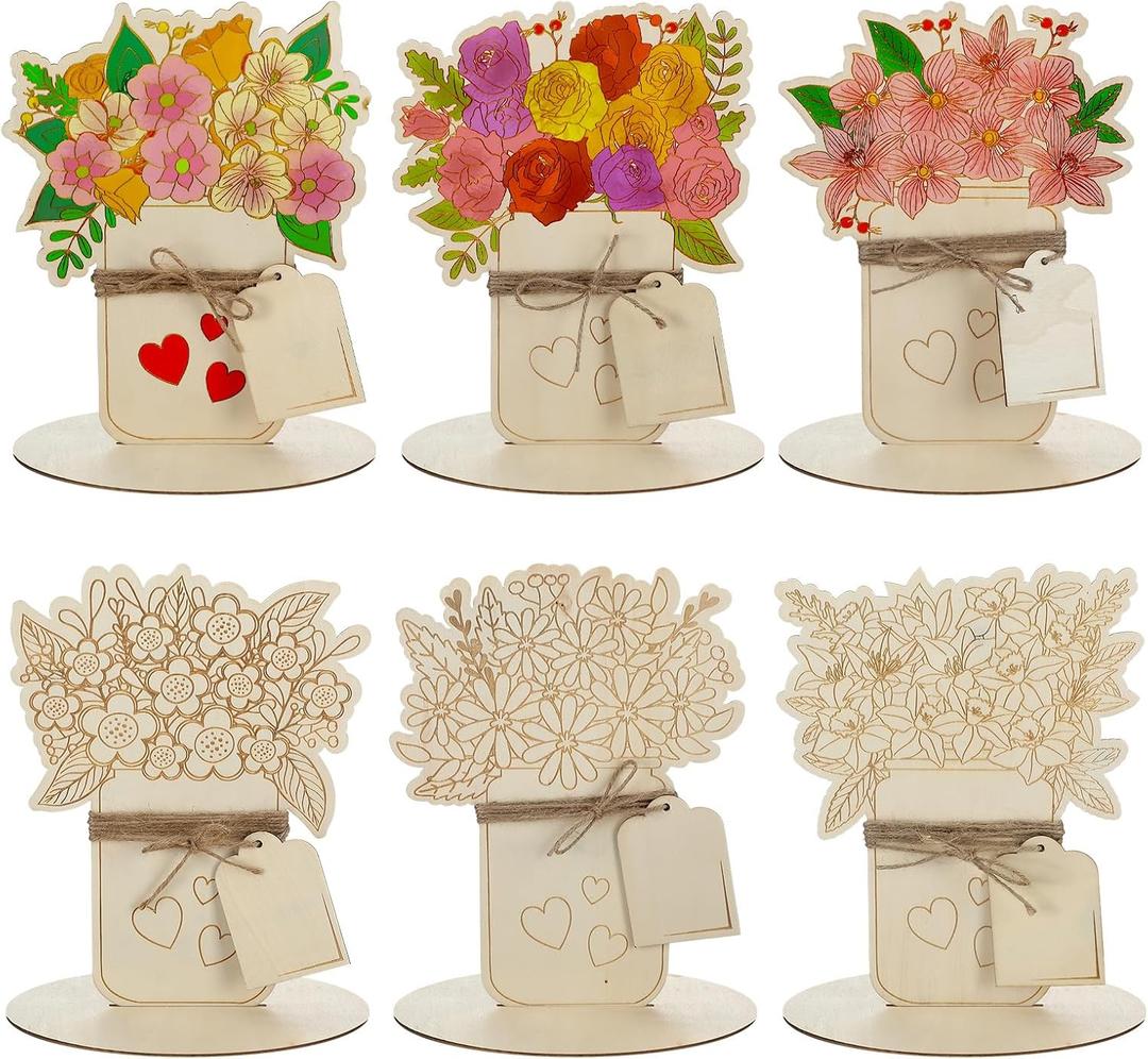 Menkxi 12 Pcs Mother's Day Wooden Coloring Crafts, Unfinished Blank Wooden Flowers Bouquet Card, DIY Mothers Day Embellishments Gift for School Classroom Activities Party Gift Favors Home Decoration