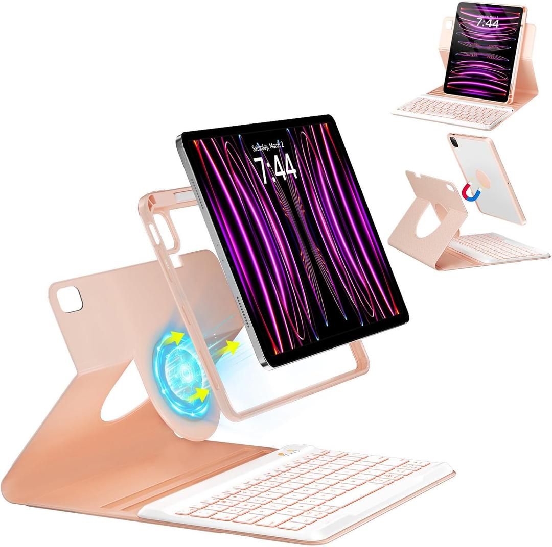 Keyboard Case for iPad Air 5th/4th Pro 11 inch, 7-Color Backlit Detachable Wireless Keyboard Case with Pencil Holder, 360 Rotatable, Stand Folio Cover for Gen 2020/2022, Pro 4th/3rd/2nd/1st Gen (Pink)