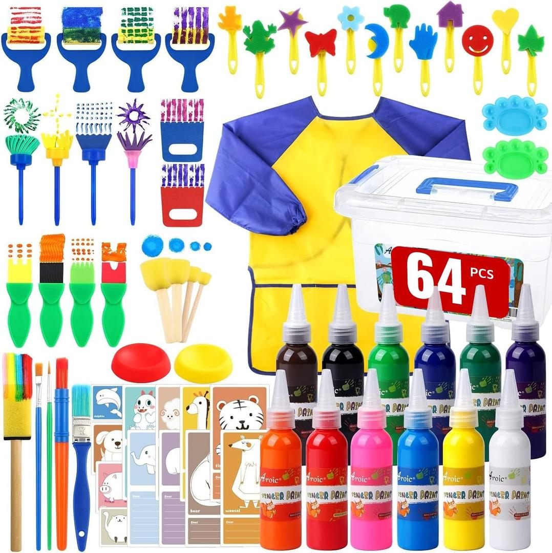 64 Pack Washable 12 Color Finger Paints Set with Sponges, Paint Brushes, Waterproof Paint Smock, Palettes, Cards, Storage Box for Toddler Early Learning Kids, Painting Set for Art, Crafts(2 oz Each)