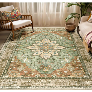 RELEANY Area Rugs 5'x7' Washable Non-Slip, Floral Vintage Distress Print Pattern Medallion Carpet for Living Room Bedroom Dining Room, Brick Red Rust Neutral Brown Burnt Orange Green