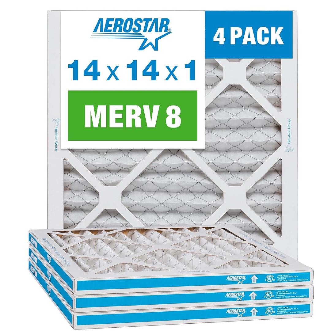 Aerostar 14x14x1 MERV 8 - 4 Count - Pleated HVAC, Furnace & Air Conditioner Filters - Removes Dust, Lint, Mold & Allergy-Causing Pollen