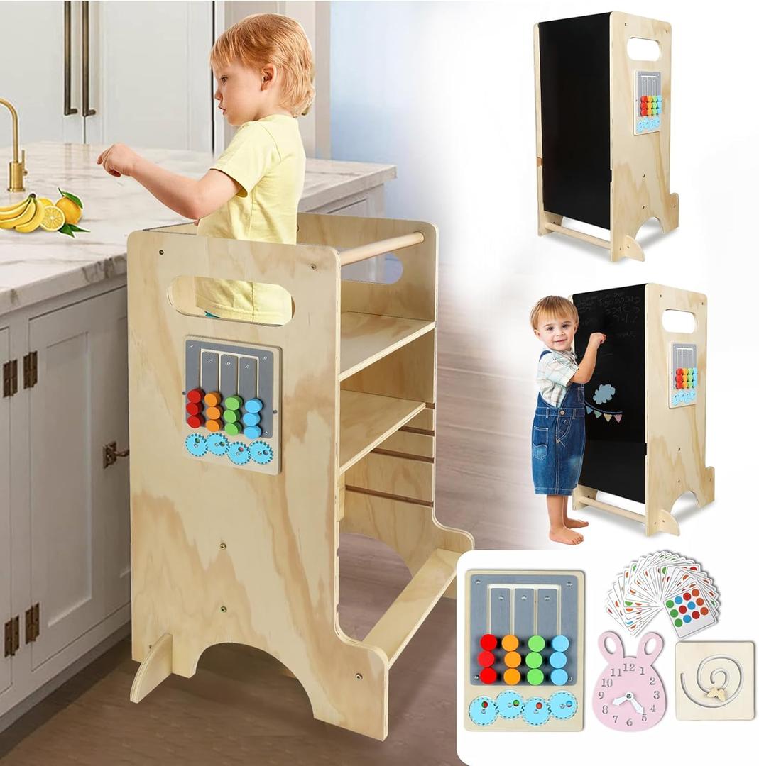 HOTROSE Toddler Kitchen Stool Helper, 4 in 1 Toddler Children Standing Tower with CPC Certified, Adjustable Sliding Board/Chalkboard Kids Step Stool for Bathroom, Safe Montessori Kids Stool