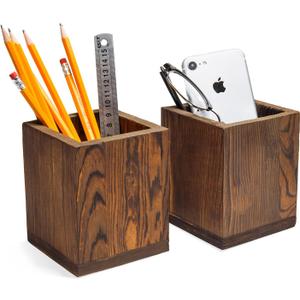 MyGift Set of 2 Natural Grain Wood Desktop Pen Holder Pencil Holder Cup, Office Dorm Home Desk Supplies Organizer