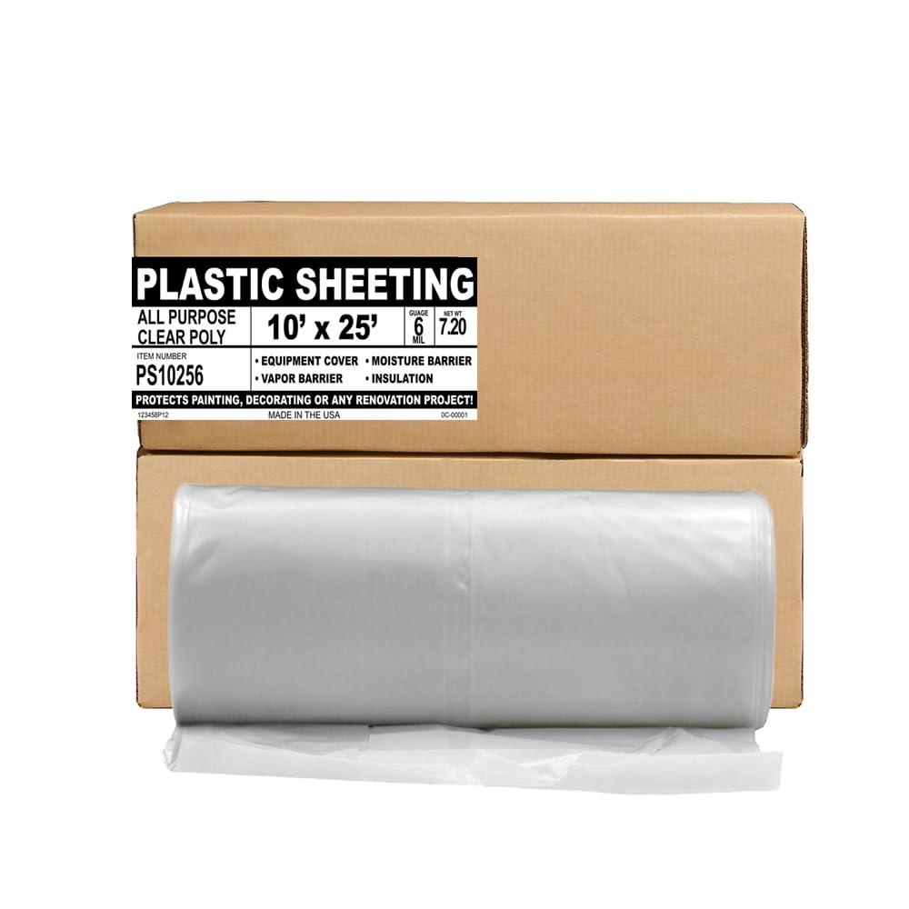 Aluf Plastics 6 MIL Thick Extra Strong Heavy Duty Clear All Purpose Vapor and Moisture Barrier Sheet Tarp/Drop Cloth - 10' x 25' - for Painting, Furniture, Carpet, Contractor, & Construction