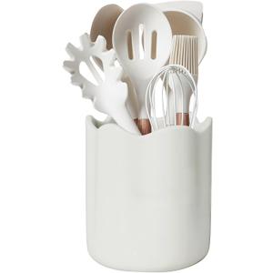 Large Utensil Holder for Kitchen Counter, Ceramic Kitchen Utensil Crock with Protection Cork Mat, Modern Cooking Tools Organizer for Countertop, White