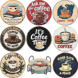 8 Pcs Coffee Diamond Art Coasters Kit for Adults Beginners, Coffee Diamond Painting Coasters with Holder, 5D Gem Art DIY Crafts Diamond Dots for Adults