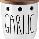 Garlic Keeper for Counter, Ceramic Garlic Keeper with Acacia Wood Lid, Garlic Holder Storage Container to Keep Your Garlic Cloves Fresh Longer, Garlic Saver for Kitchen, White