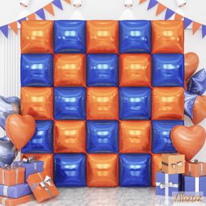 Blue and Orange Square Foil Balloons Wall, Double Sided Chrome Deep Blue and Orange Balloons Tunnel Arch Kit Backdrop for Boys Birthday Graduation Baby Shower blue Birthday Party Decorations