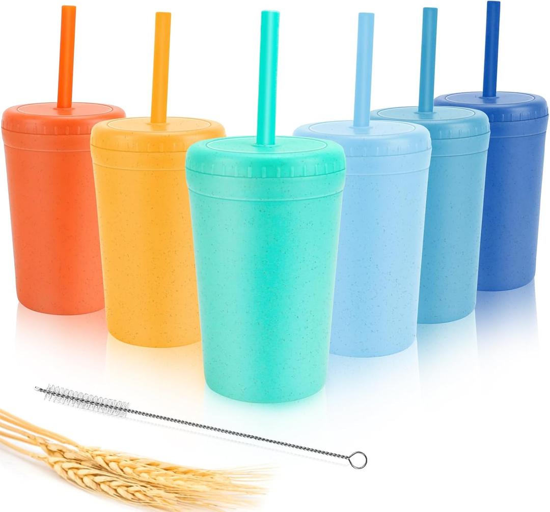 10 oz Wheat Straw Cups with Lids and Silicone Straws, Unbreakable Drinking Glasses, Plastic Cups for Kitchen, Small Tumbler Cups with Cleaning Brush, BPA Free, Dishwasher & Microwave Safe, 6 Pack
