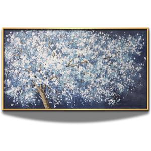 Large Tree of Life Abstract Canvas Wall Art, Blue and White Tall Trees Art Print for Living Room Bedroom Home Office Decor (Gold, 36W"x20L", Framed) (36L" x 20W")