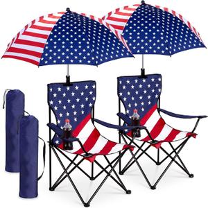 FairySandy 2 Pack 4th of July Folding Camping Chairs with Umbrella 250th Anniversary Independence Day American Flag Portable Outdoor Lawn Chair USA with Cup Holder for Adults Teens, 38.4 inches