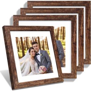 Hongkee 10x10 Picture Frame Set of 4, Made of Glass and Rustic Brown Wooden Frame - Display Picture 8x8 with Mat or 10 x 10 Without Mat, 10 by 10 Photo for Wall or Tabletop, 10x10 in