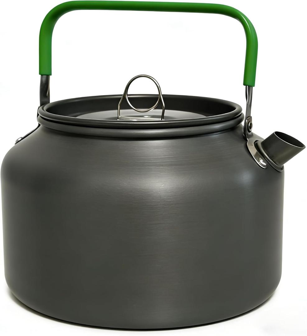 Camping Kettle, 1.8L Lightweight Aluminum Alloy Portable Tea Kettle with Heat-Resistant Green Handle & Carry Bag, Fast Boiling Water Pot for Coffee, Hiking, Picnic and Outdoor Camping