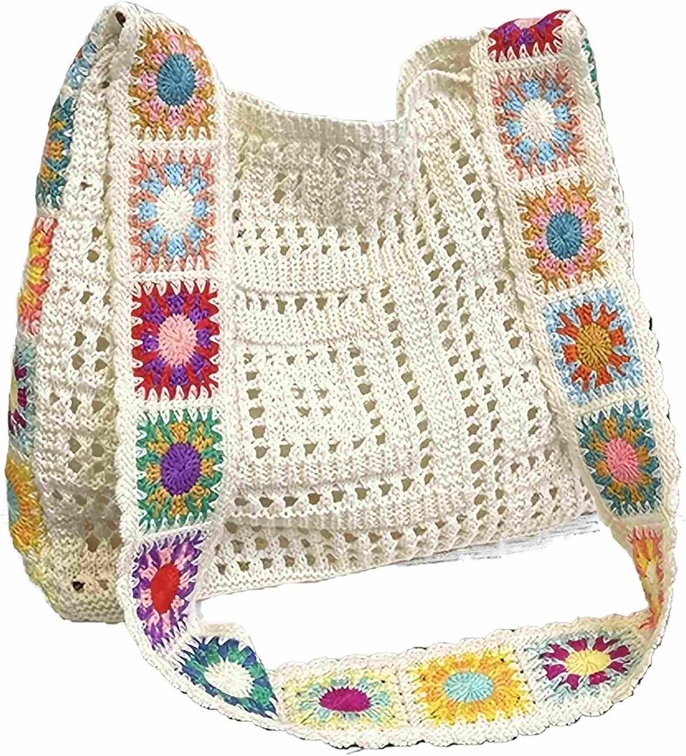 cute knit beach bag for women, small boho tote bag, summer aesthetic embroidered bags handbag (White With Multicolor Floral Pattern)