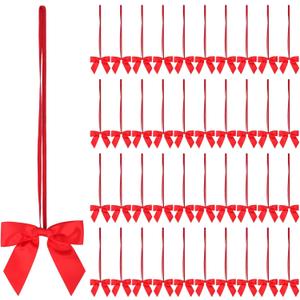 50pcs 14 Inch Stretch Elastic Loops with Pre-Tied Red Ribbon Bows for Gift Wrapping,Baby Showers, Weddings, Christmas Boxes (14", Red)