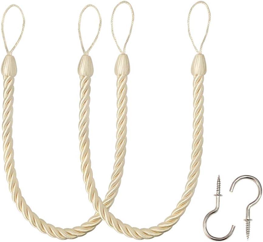 BEL AVENIR Curtain Ropes Tiebacks Tie-Backs, Curtain Handmade Holdbacks with 2 Metal Screw Hooks (Beige, 2pack)